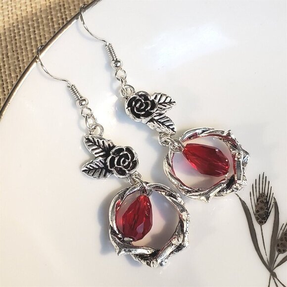Vampire Goth Blood Red Crystal Teardrop Roses Dead Vines Silver Enamel Earrings - Picture 1 of 7